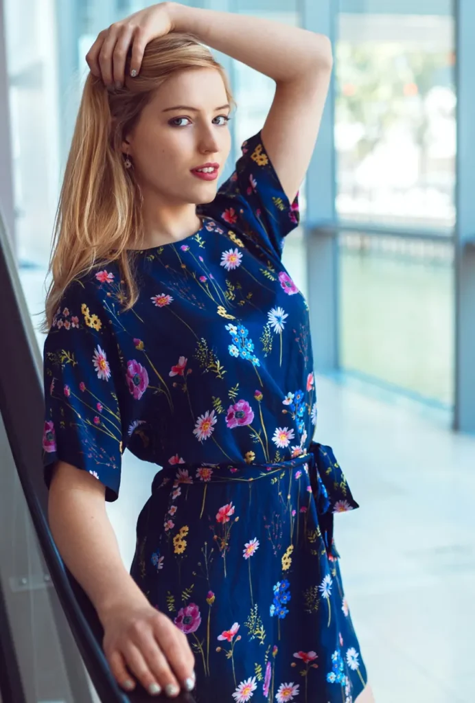 Model wearing a printed floral dress
