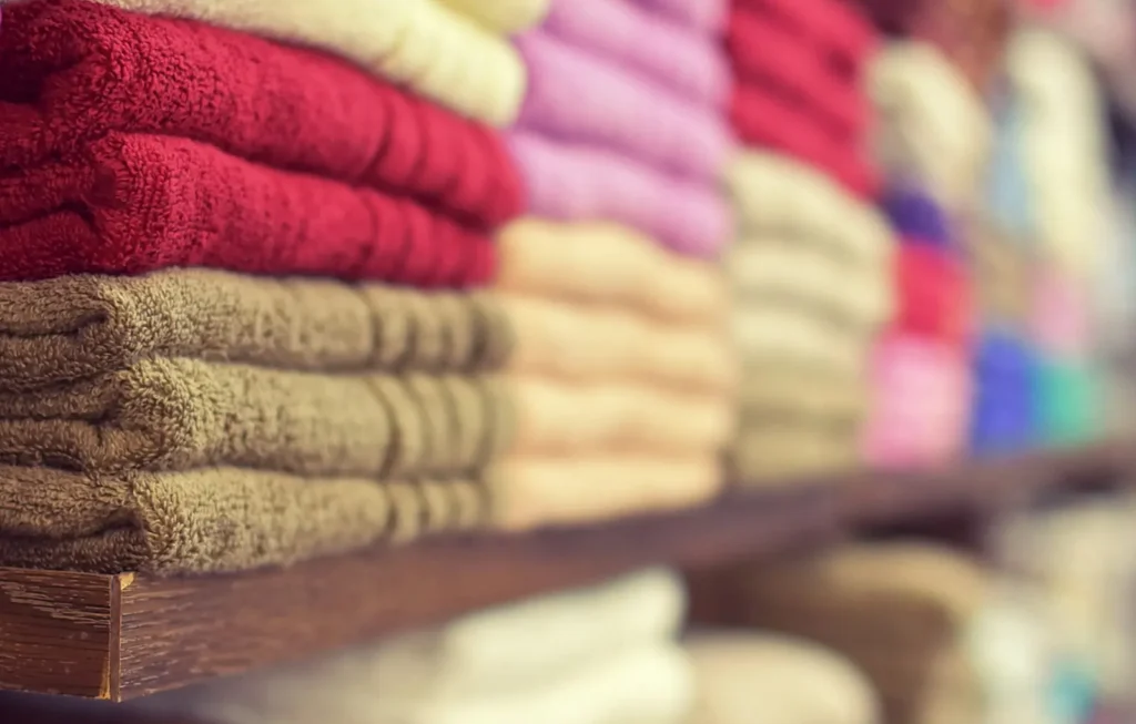 Stacks of coloured terry towels